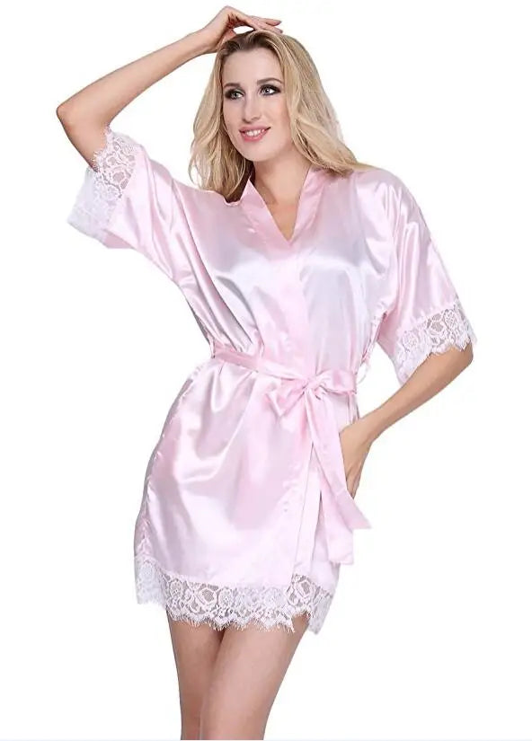 Sexy Wedding Dressing Gown Women Short Satin Bride Robe Lace Silk Kimono Bathrobe Summer Bridesmaid Nightwear Plus Size Peignoir