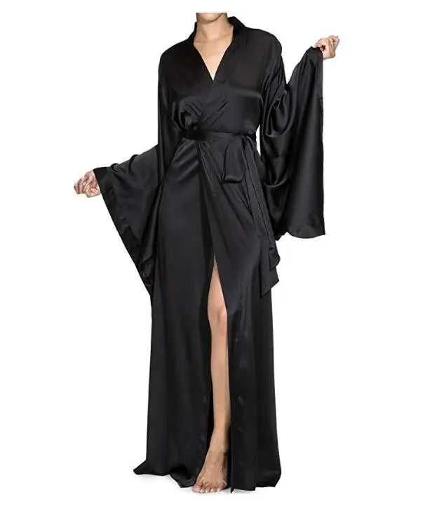 New Solid Robes Women Black Red Long Sleeve Nightgown Ladies Girls Silk Satin Smooth Spring Lace Sleepwear Female Bathrobe