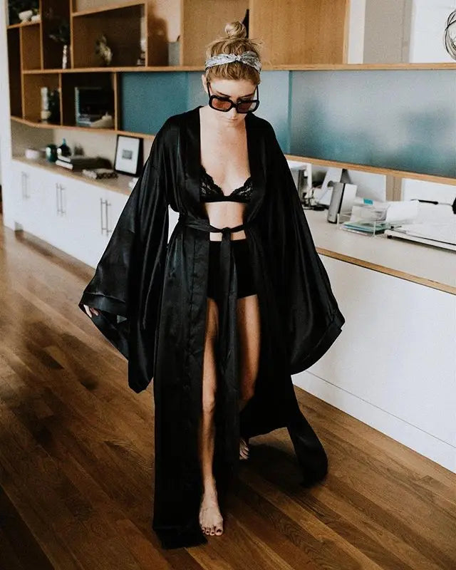 New Solid Robes Women Black Red Long Sleeve Nightgown Ladies Girls Silk Satin Smooth Spring Lace Sleepwear Female Bathrobe