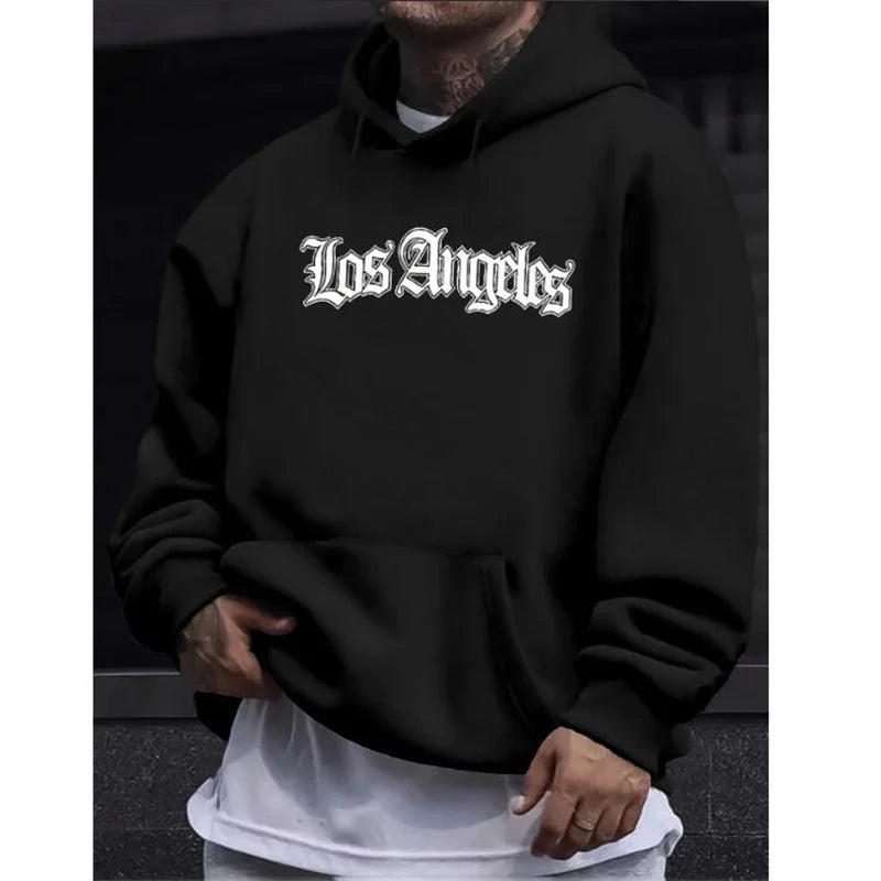 Men's Autumn and Winter Casual Fashion Loose Hoodie Los Angeles Letter Printed Long Sleeved Warm Pullover Sweater