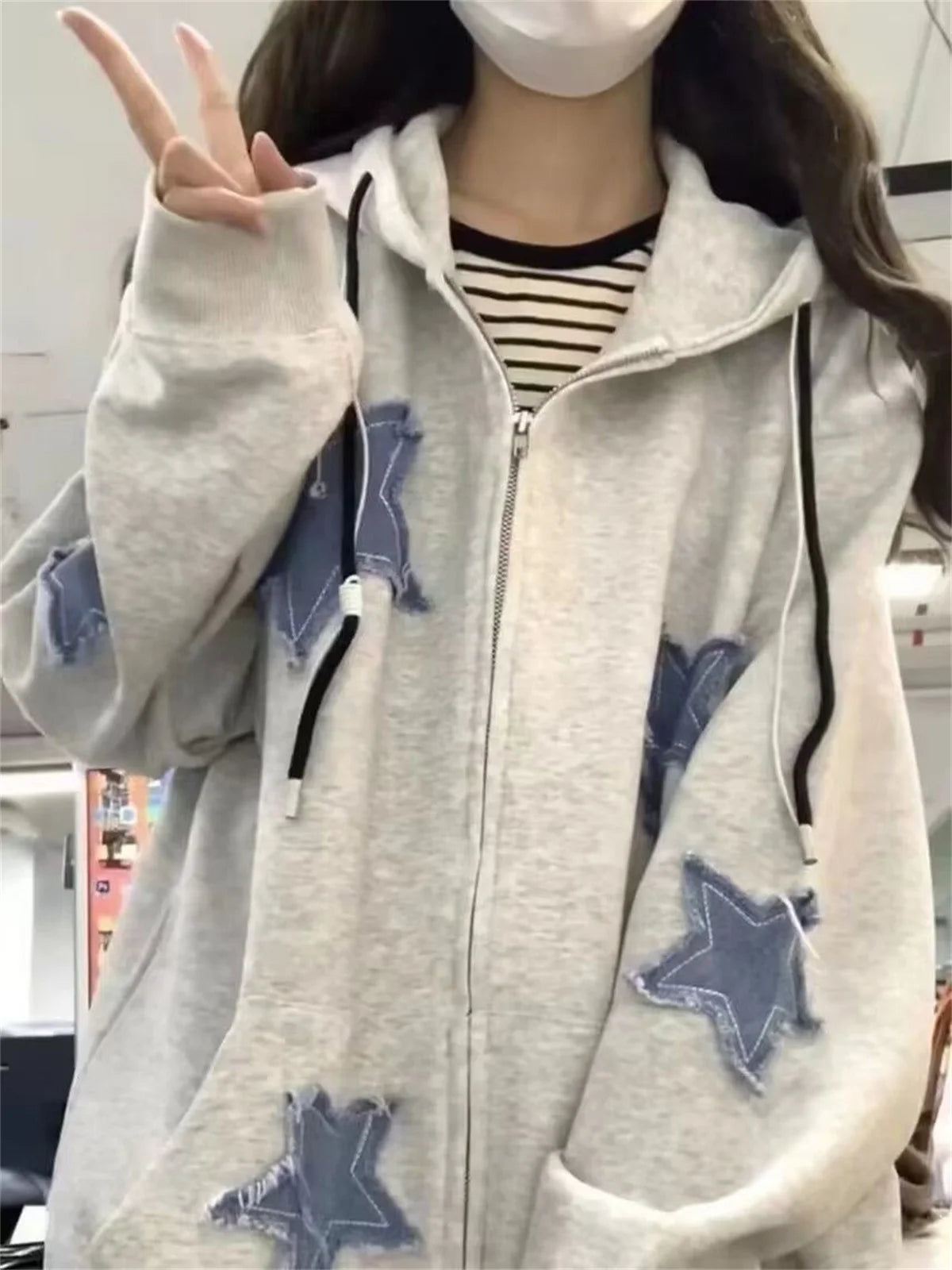 Streetwear Hoodies Women Stars Print Fashion Oversized Outwear Harajuku Casual Hooded Zipper Sweatshirt Jacket Korean Y2k Tops