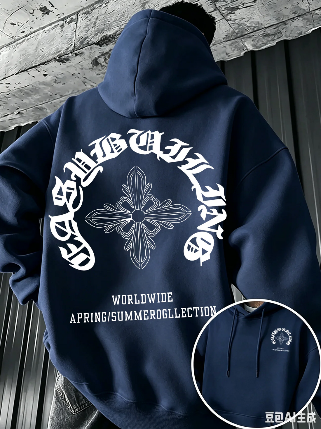 Gothic Letter Cross Pattern Men's Hoodie with Vintage Print, Loose Fit, Suitable for Autumn Winter with A Hooded Pullover Design