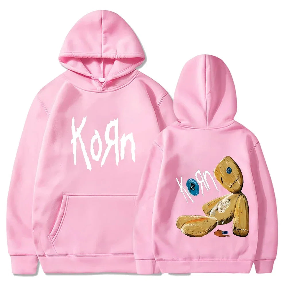 Dark Niche Nu-metal Band Hoodie with Double-sided Front and Back Voodoo Doll Logos, Loose-fit Couple Tops