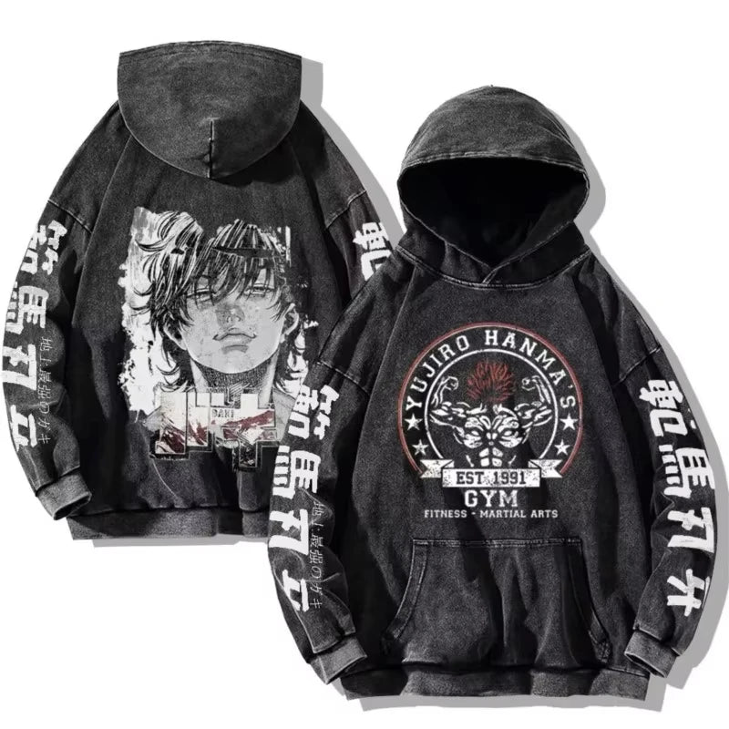 Baki Hanma Anime Print Hooded Men Women Vintage Trendy Hoodies Plus Size Washed Cotton Sweatshirt Harajuku Unisex Streetwear