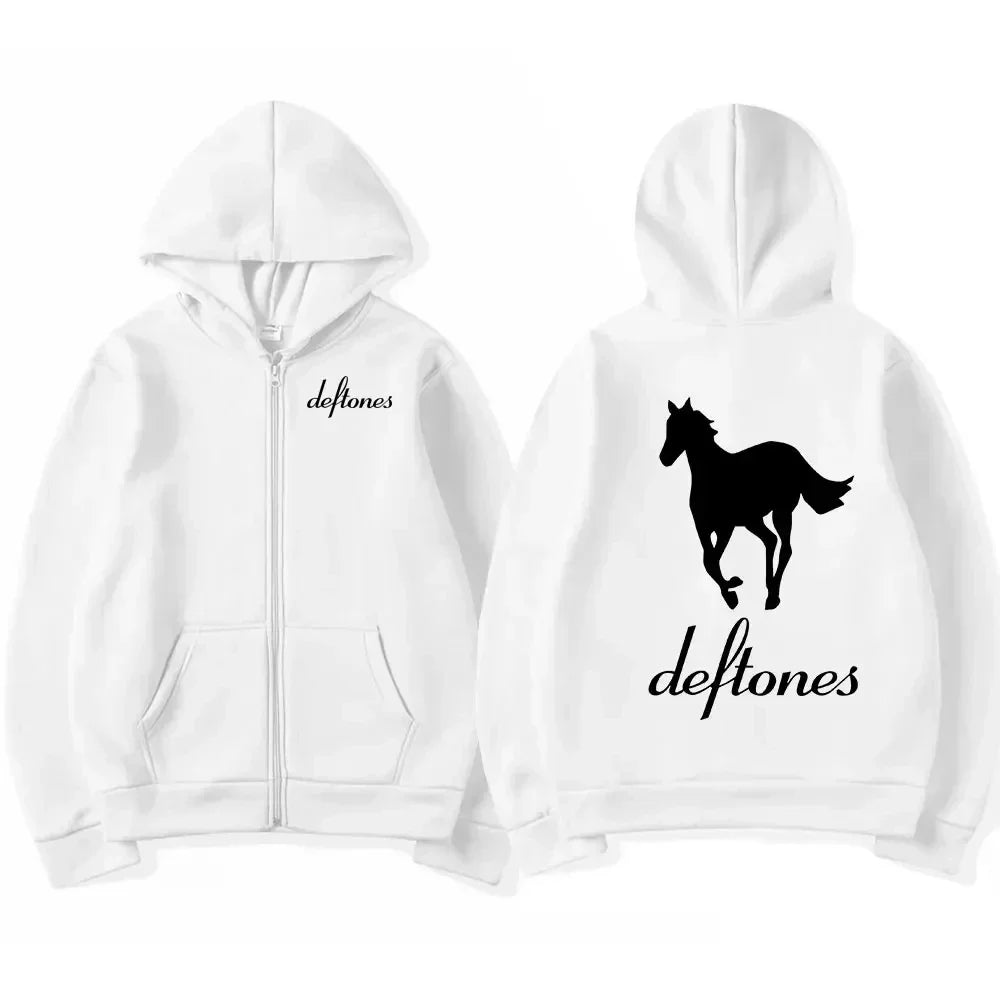 Deftones White Zip Up Hoodie Hip Hop Rock Band Zipper Sweatshirt Harajuku Oversized Long Sleeve Hoodies Coats Zipper Streetwear