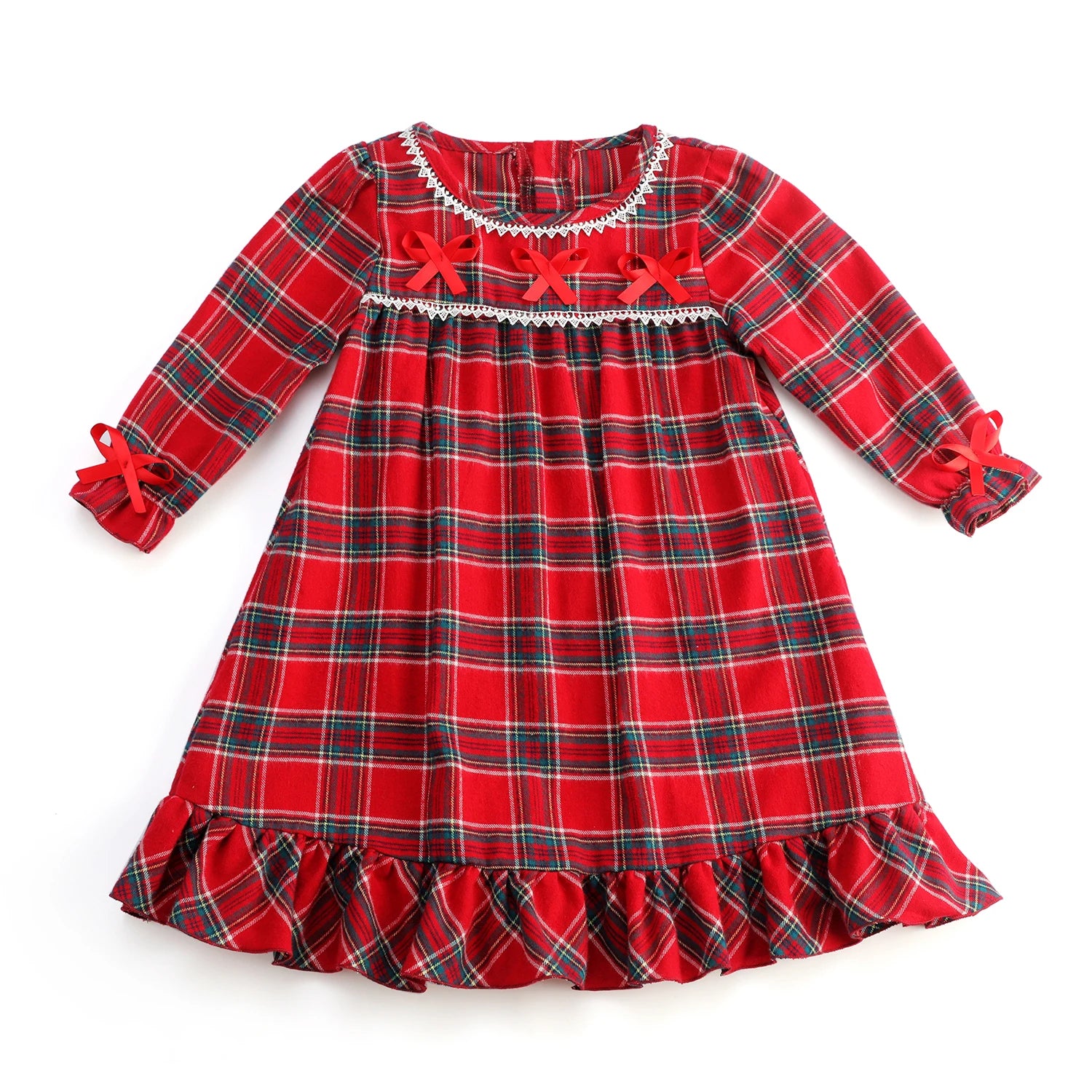 Flannel Christmas Family Matching Outfits Boys And Girls Ruffle Pajamas White Lace Red Long Sleeve Baby Button Kids Pyjamas Sets