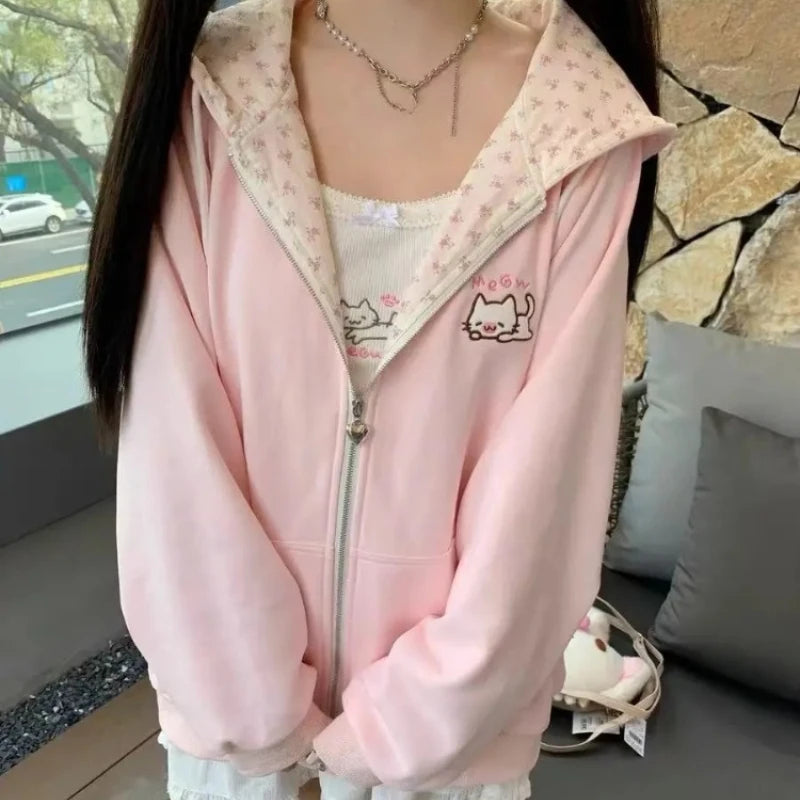 Y2k Kawaii Japanese Cartoon Long Sleeve Zipper Hooded Sweatshirts Subculture Loose Casual Hoodies Women Tops 2000s Vintage Chic