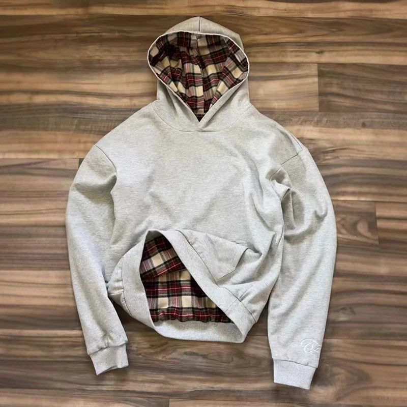 Unisex American Hip-Hop Plaid Print Loose Hoodie Y2K Pullover for Autumn Winter Men Women