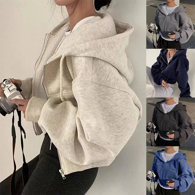 Zip Up Hoodies Women Autumn Winter Warm Fleece Lined Long Sleeve Cropped Jackets New Fashion Hooded Sweatshirts Female Y2K Coats