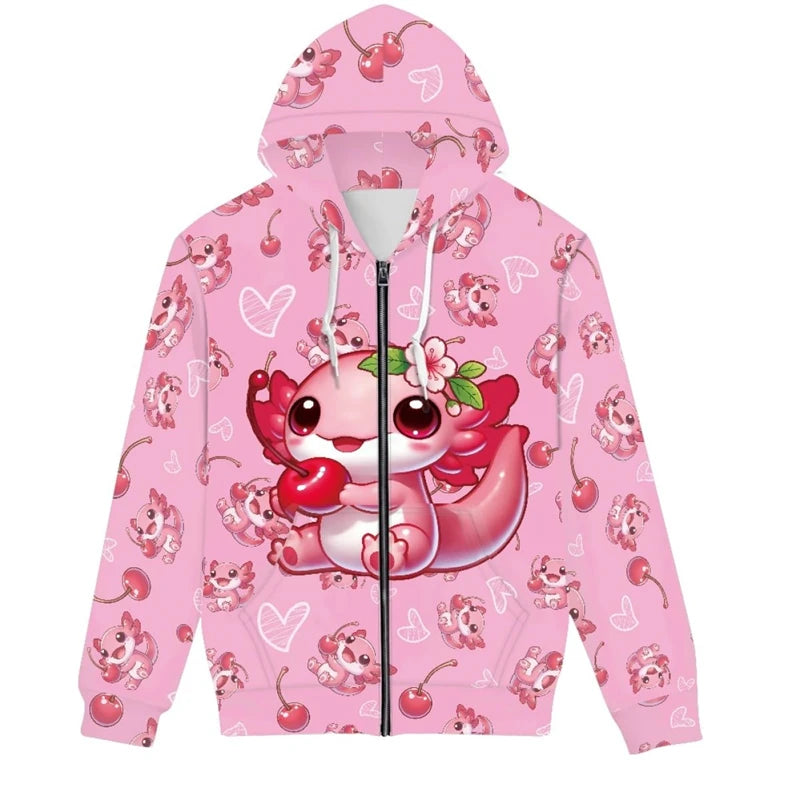 Hot Sale Cute Axolotl 3D Printed Zip Up Hoodies Men Women Outdoor Leisure Trend Sweater Graphic Hooded Sweatshirt Man Clothing