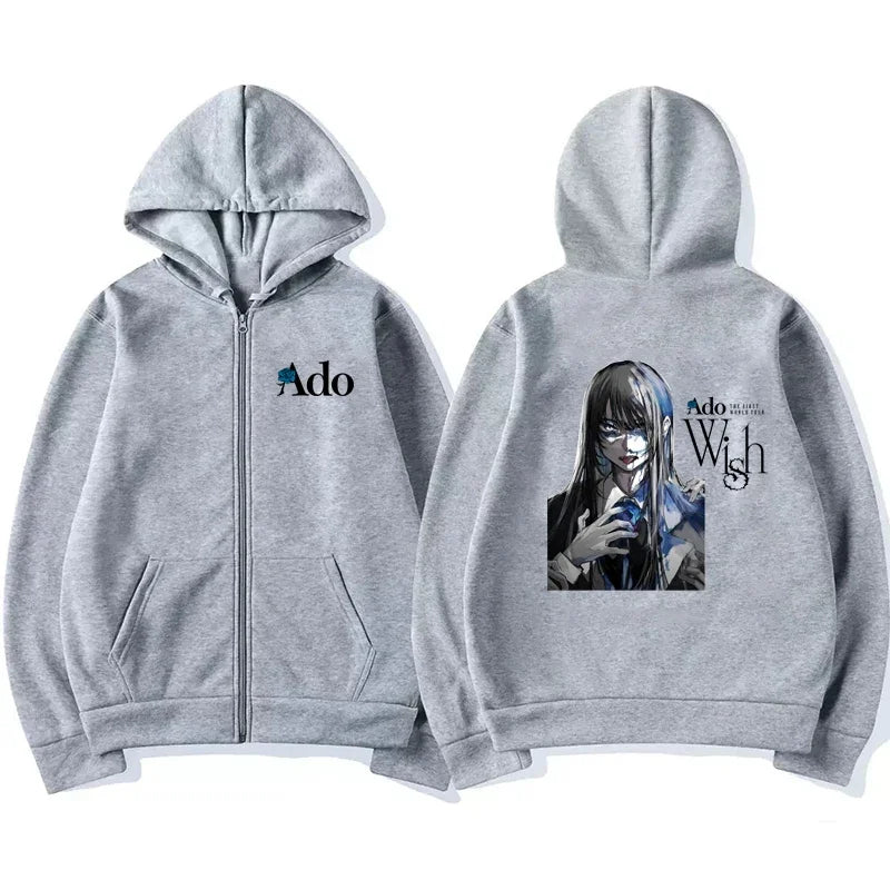 2025 Ado Graphic Printed Zipper Hoodies Autumn Winter Men Women Casual Fashion Harajuku Y2K Fleece Long Sleeve Zip-Up Hoodies