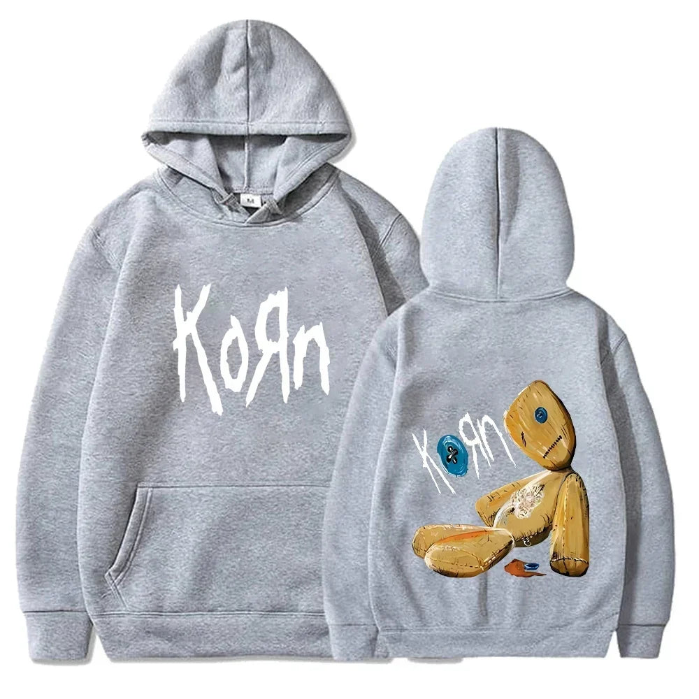 Dark Niche Nu-metal Band Hoodie with Double-sided Front and Back Voodoo Doll Logos, Loose-fit Couple Tops