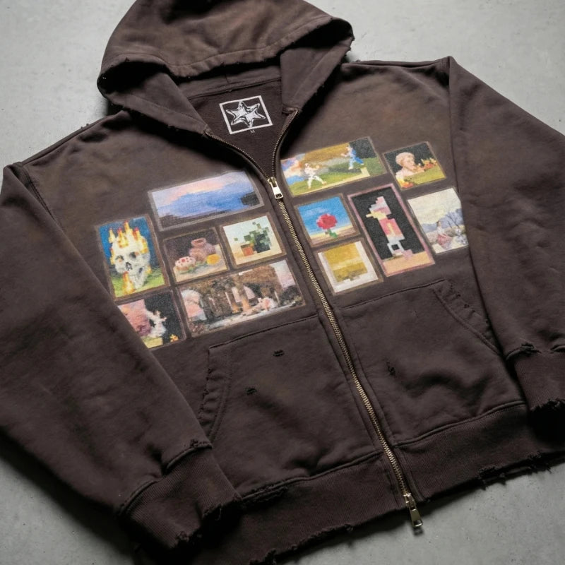 Y2K Retro Gallery Hoodie Brown Pixel Painting Art Pattern Zip Up Sweatshirt Trendy Classic Streetwear Unisex Oversize Clothing