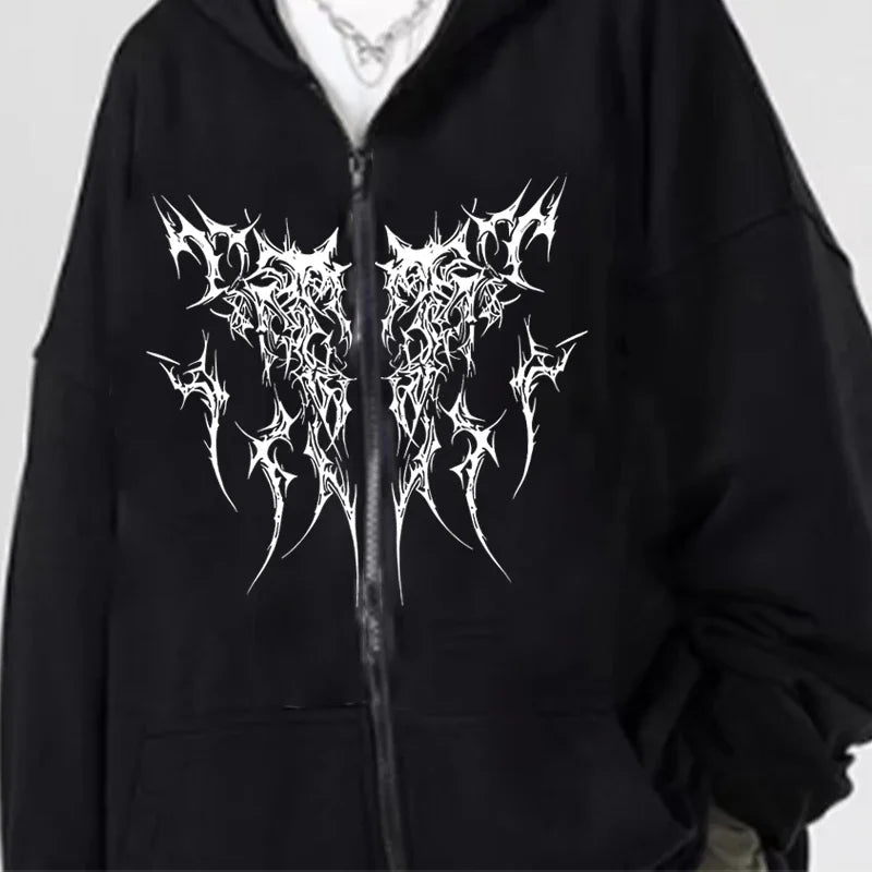 Gothic Printed Zipper Hoodies Women Men Vintage Fashion Hip Hop Y2K Coat Autumn Winter Fleece Long Sleeve Zip-up Hoodies