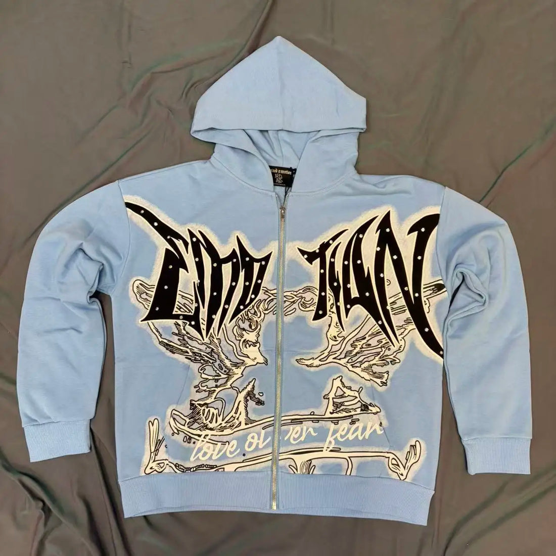 Fashionable Zip-Up Jacket, High Quality, 450g Heavyweight Pure Cotton Terry Fabric, White Ink Direct Printing, Middle Eastern Glass Rhinestones, Full Print, Hand-Applied Rhinestones