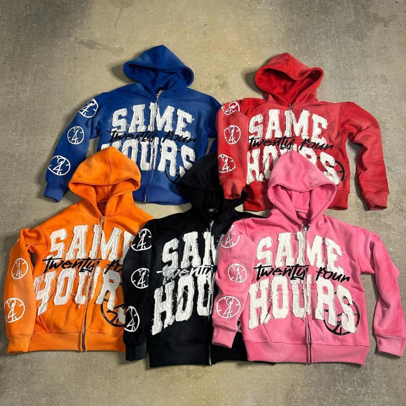 Quick Delivery Y2K Letter Sticker Printed Street Hip-Hop Style Heavyweight Hooded Sweatshirt Cardigan Design High Street Jacket