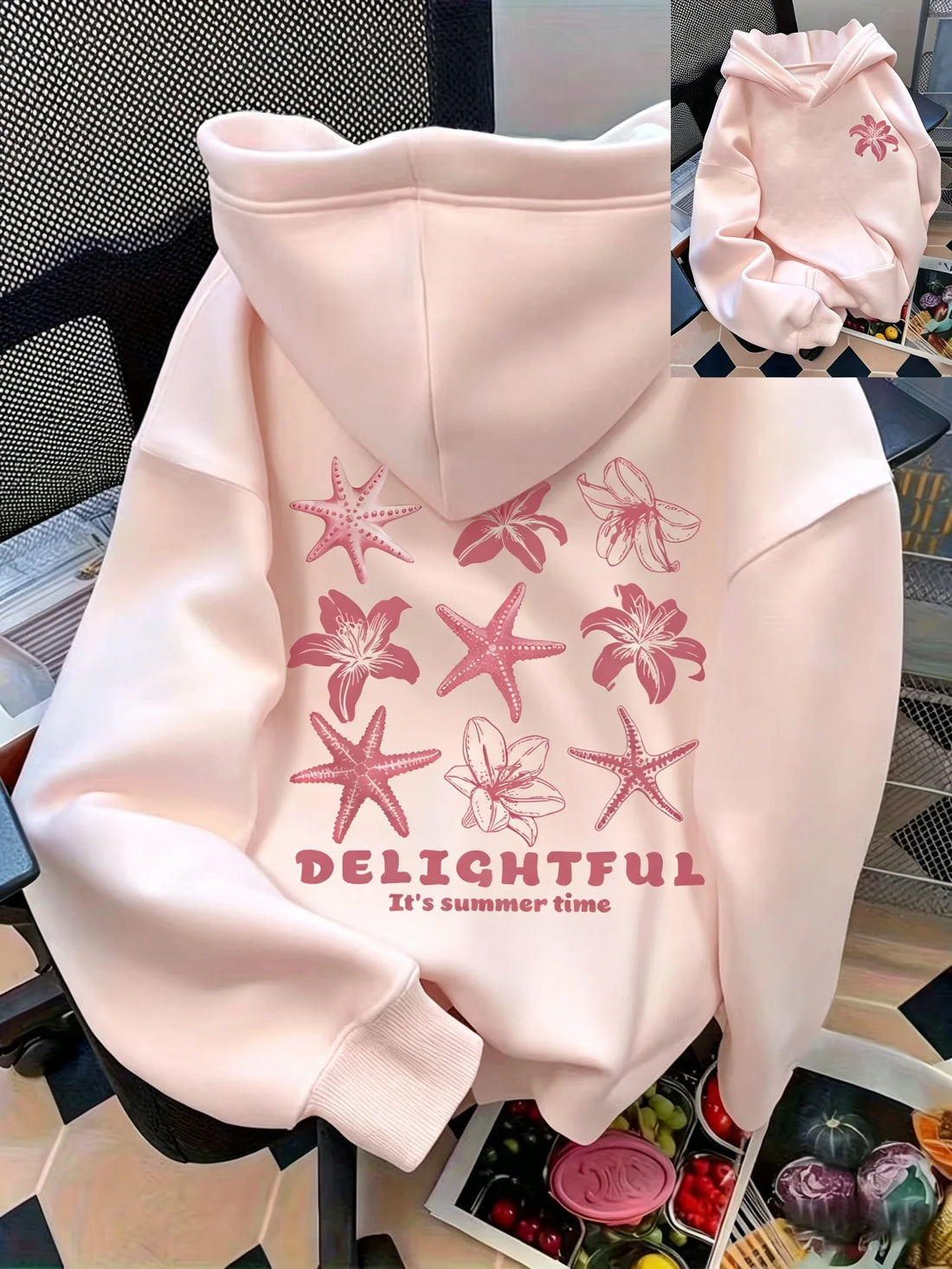 Women's casual seashell and letter pattern front and back printed pullover hoodie women's casual top versatile style hoodie