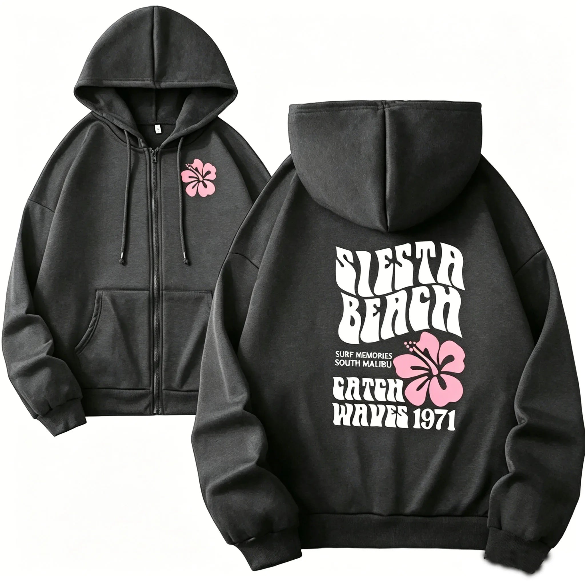 Women Zipper Cardigan Hooded Sweatshirt Jogging Lady Versatile Sport Coat Oversized Hibiscus Beach Casual Hooded Sweat Jacket