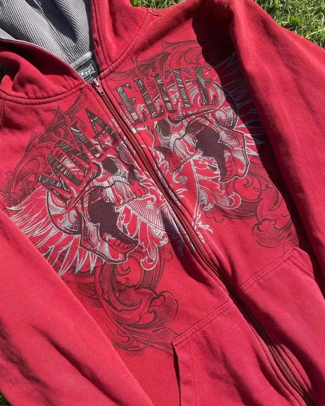 2000s Fashion New Cotton Red Couple zipper Hoodies vintage elite full Zip Hoodie Sweatshirt Size Skull Snake Red Y2K sweatshirts