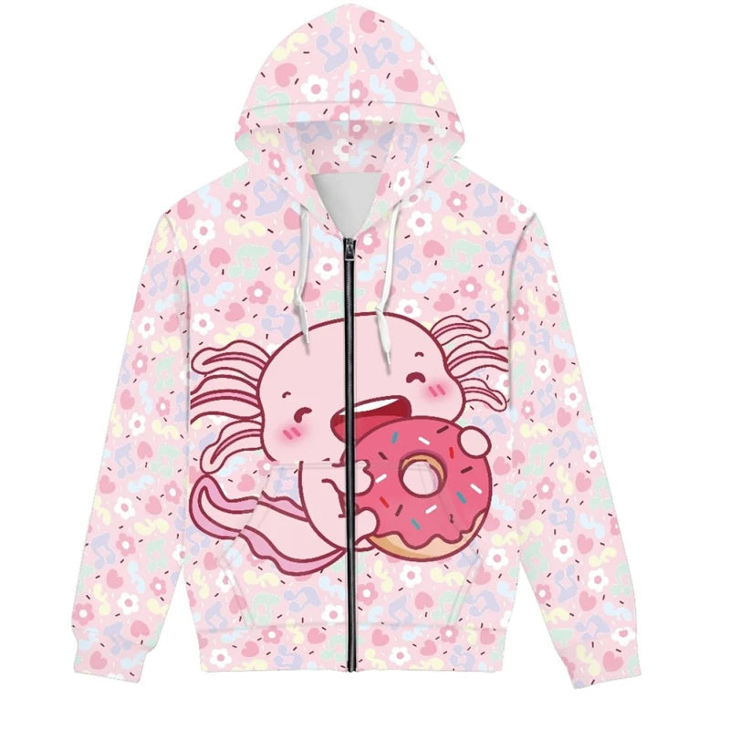 Hot Sale Cute Axolotl 3D Printed Zip Up Hoodies Men Women Outdoor Leisure Trend Sweater Graphic Hooded Sweatshirt Man Clothing