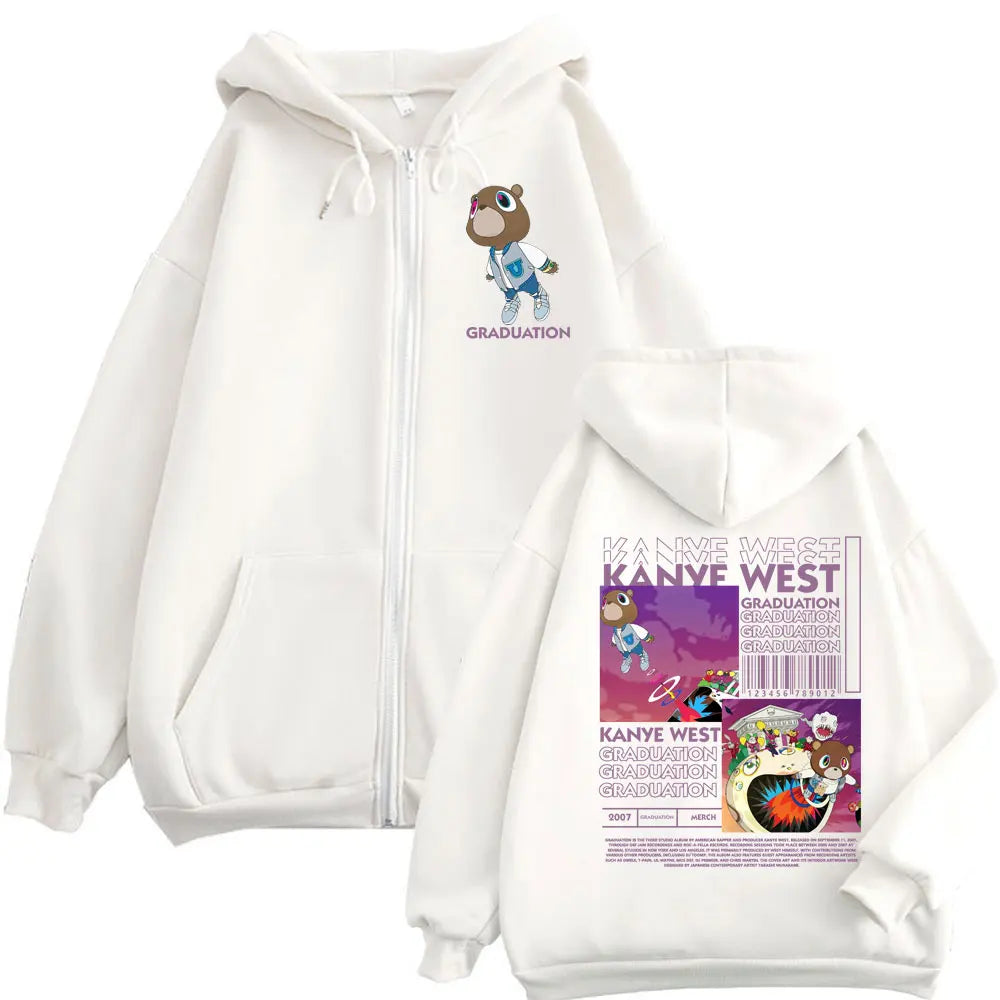 Rapper Kanye West Graduation Graphic Zipper Hoodie Men Women Harajuku Hip Hop Sweatshirts Fashion Y2K Clothing Zip Up Pullovers