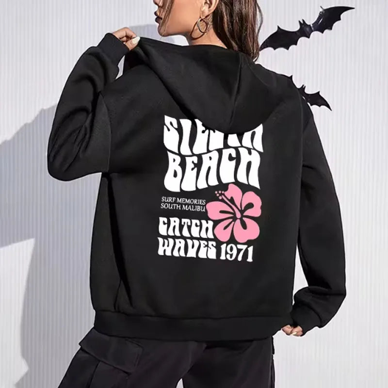 Women Zipper Cardigan Hooded Sweatshirt Jogging Lady Versatile Sport Coat Oversized Hibiscus Beach Casual Hooded Sweat Jacket