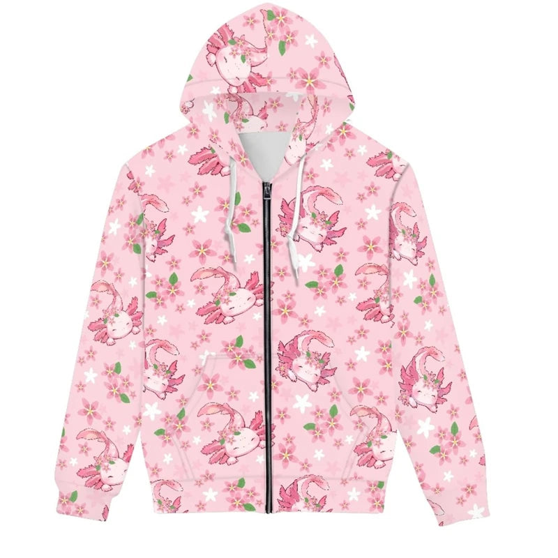Hot Sale Cute Axolotl 3D Printed Zip Up Hoodies Men Women Outdoor Leisure Trend Sweater Graphic Hooded Sweatshirt Man Clothing