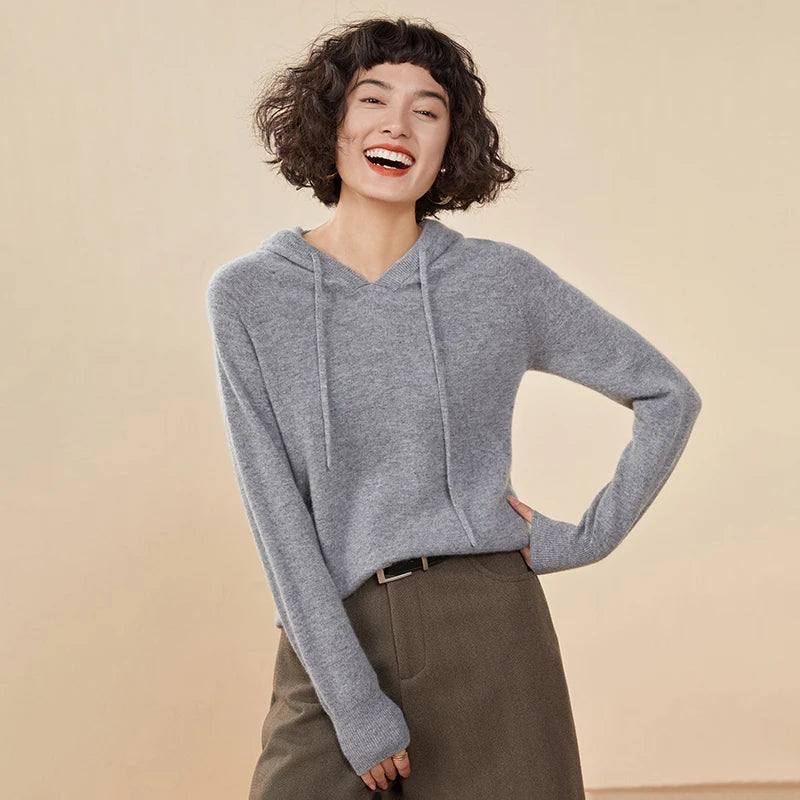 CHICUU Women Cashmere Hoodie Sweater 100% Cashmere Pullover Knitwear Autumn Winter Casual Style Hoodie Soft Warm Clothing Tops