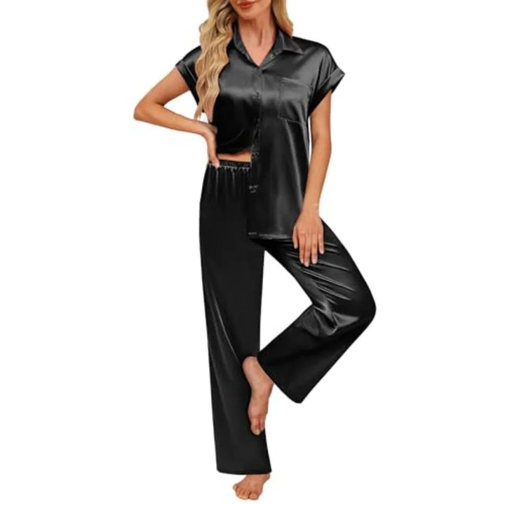 Womens Satin Pajamas Set Silky Two-piece Short Sleeve and Long Pants Sleepwear Button-Down Pj Sets With Pockets
