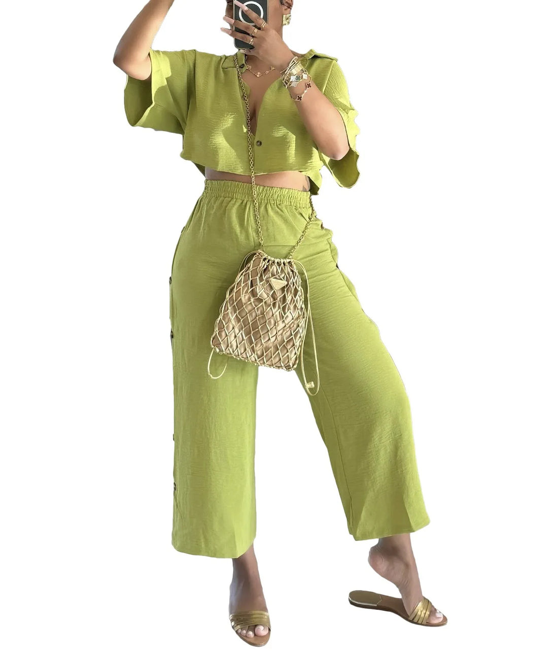 CM.YAYA Fashion Women's Set Short Sleeve shirt Blouses and Button Splicing Side Wide Leg Pants Suits 2024 Two 2Piece Set Outfits