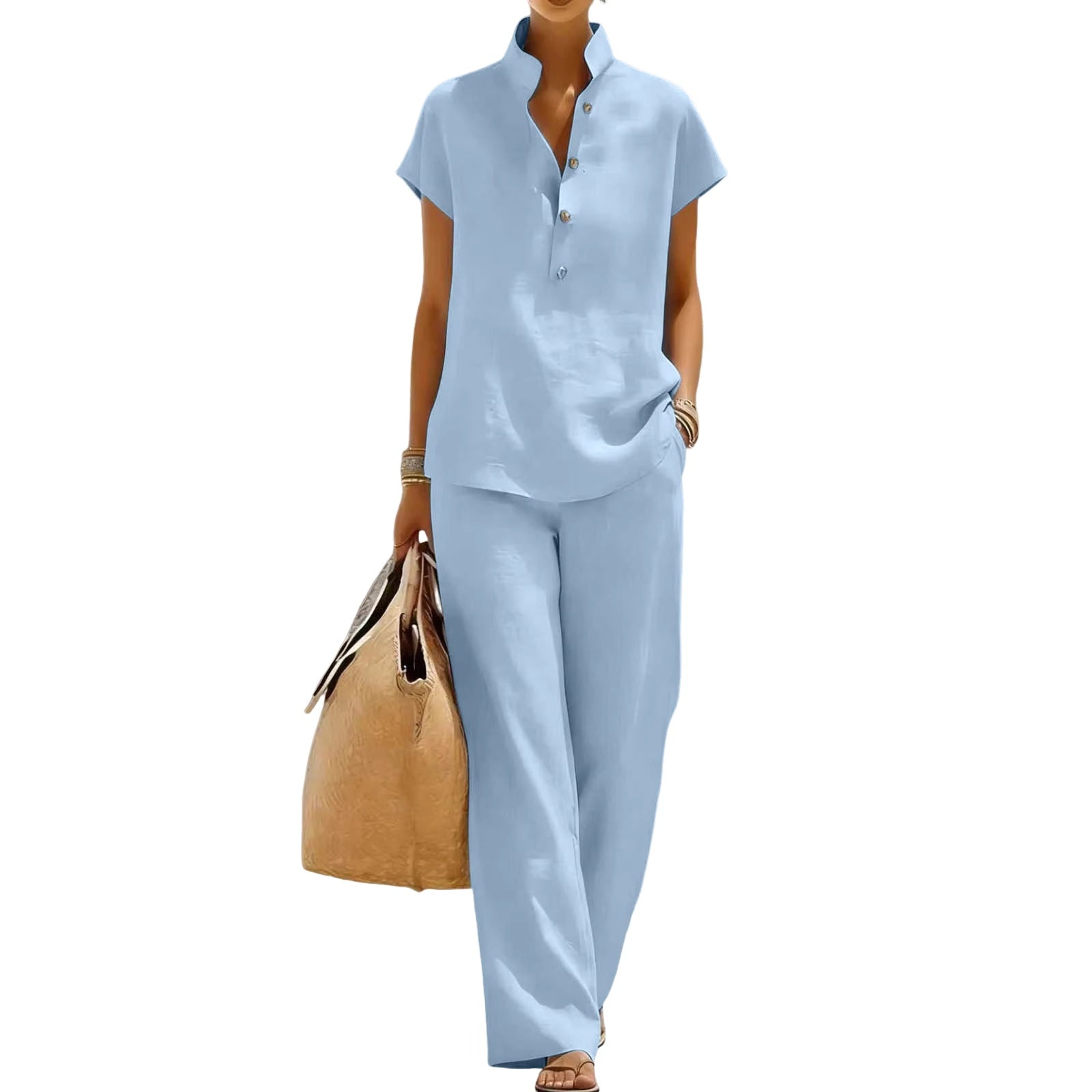 Fashion Cotton Linen Short Sleeved Women Shirt Pants Suit Spring Summer New Simple Casual Pocket Pants Female Office 2 Piece Set