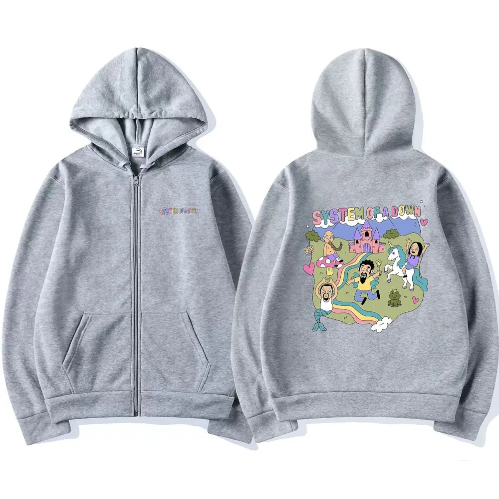 System of A Down Graphic Zipper Hoodie Men Women Vintage Rock Music Band Cartoon Graphic Zip Up Hoodies Coat Men's Zip Up Jacket