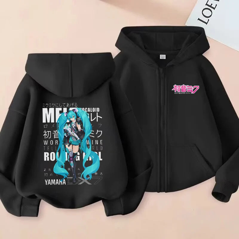 Hatsune Miku Zipper Hoodies Coat Girls Cute Hooded Cardigan Kids Spring Autumn Jacket Long Sleeves Fashion Children Clothes Gift