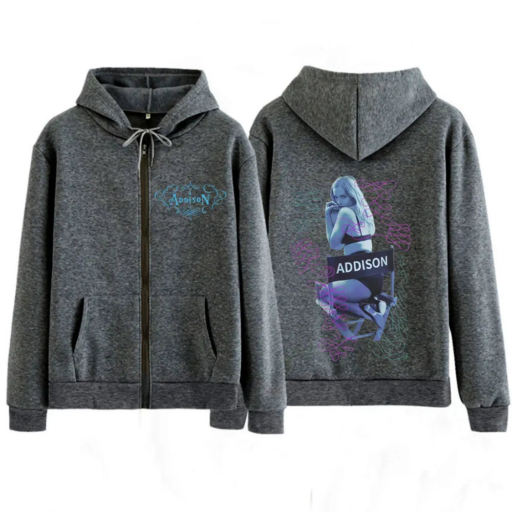 Addison Rae Double-sided Print Vintage Zipper Hoodies Men Women Oversized Fashion  Long Sleeve Aesthetics Zip Up Sweatshirts Top