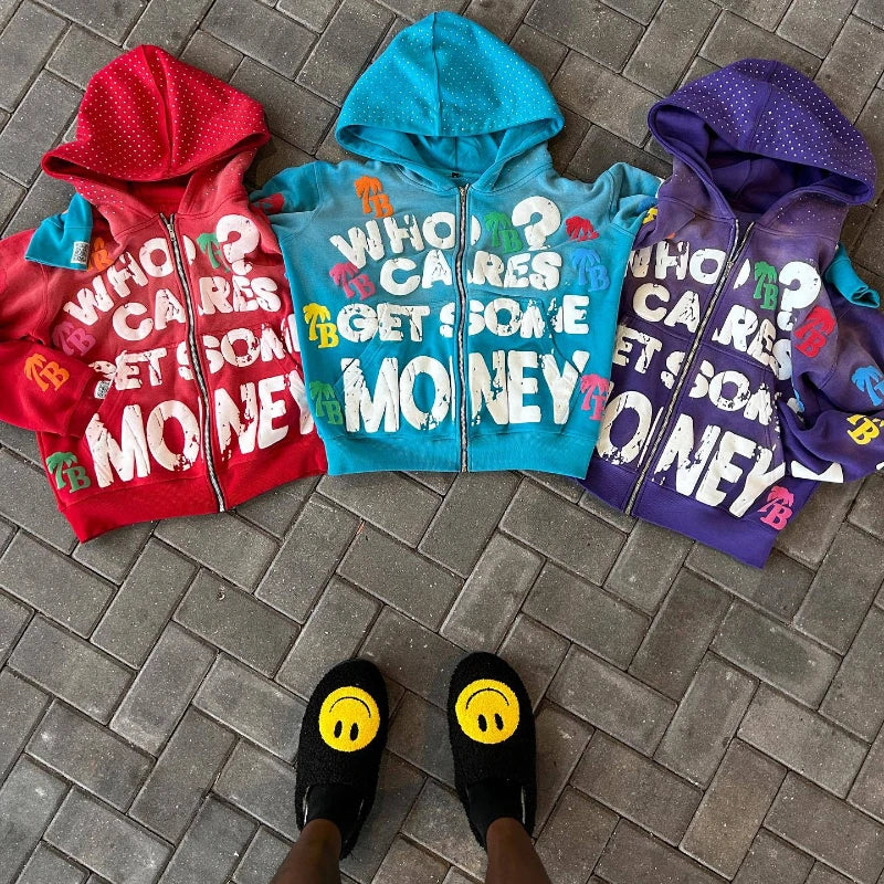 Y2K Trendy Letter Pattern Loose Casual Comfortable Hooded Zipper Retro Hoodie Jacket Top Unisex