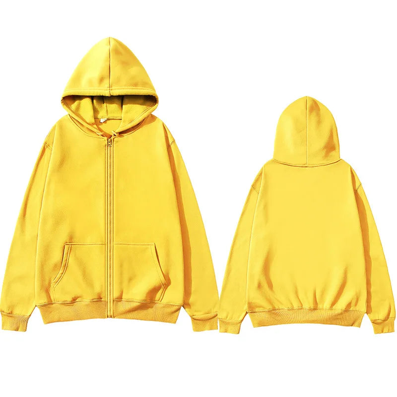 Oversized Unisex Hoodie, Solid Color Zip Up Jacket, Casual Street Trendy Plain Hooded Sweatshirt