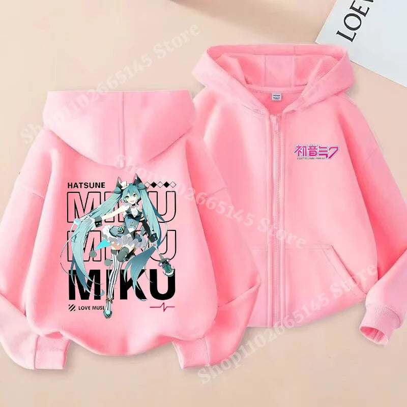 Hatsune Miku Zipper Hoodies Coat Girls Cute Hooded Cardigan Kids Spring Autumn Jacket Long Sleeves Fashion Children Clothes Gift