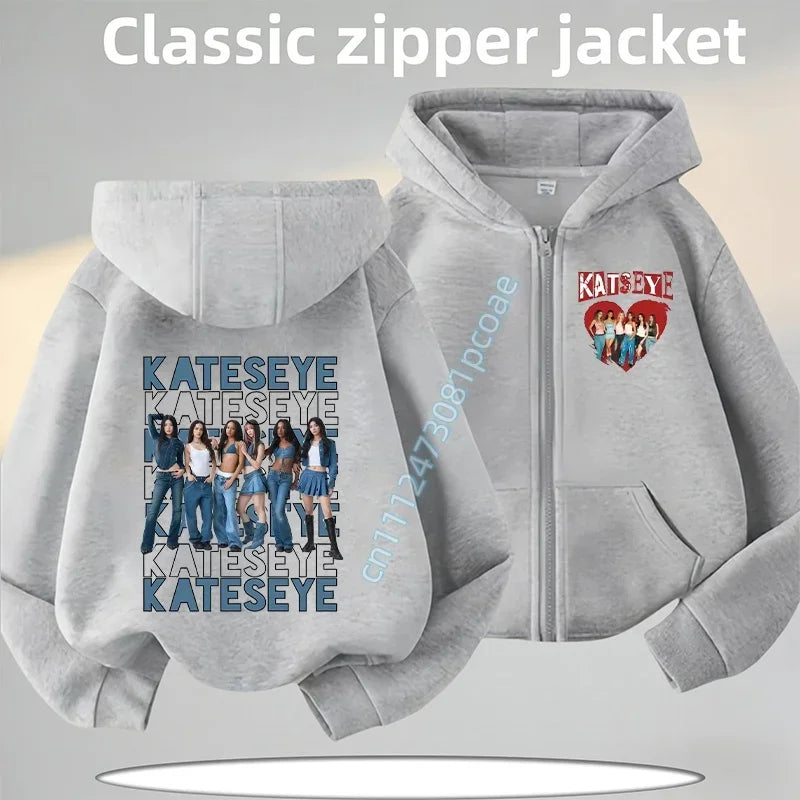 KATSEYE Children's Zippered Pullover Hoodie Boys' Sport Shirt Girls' Casual Top Cartoon Print 2026 New Fall/Winter Coat