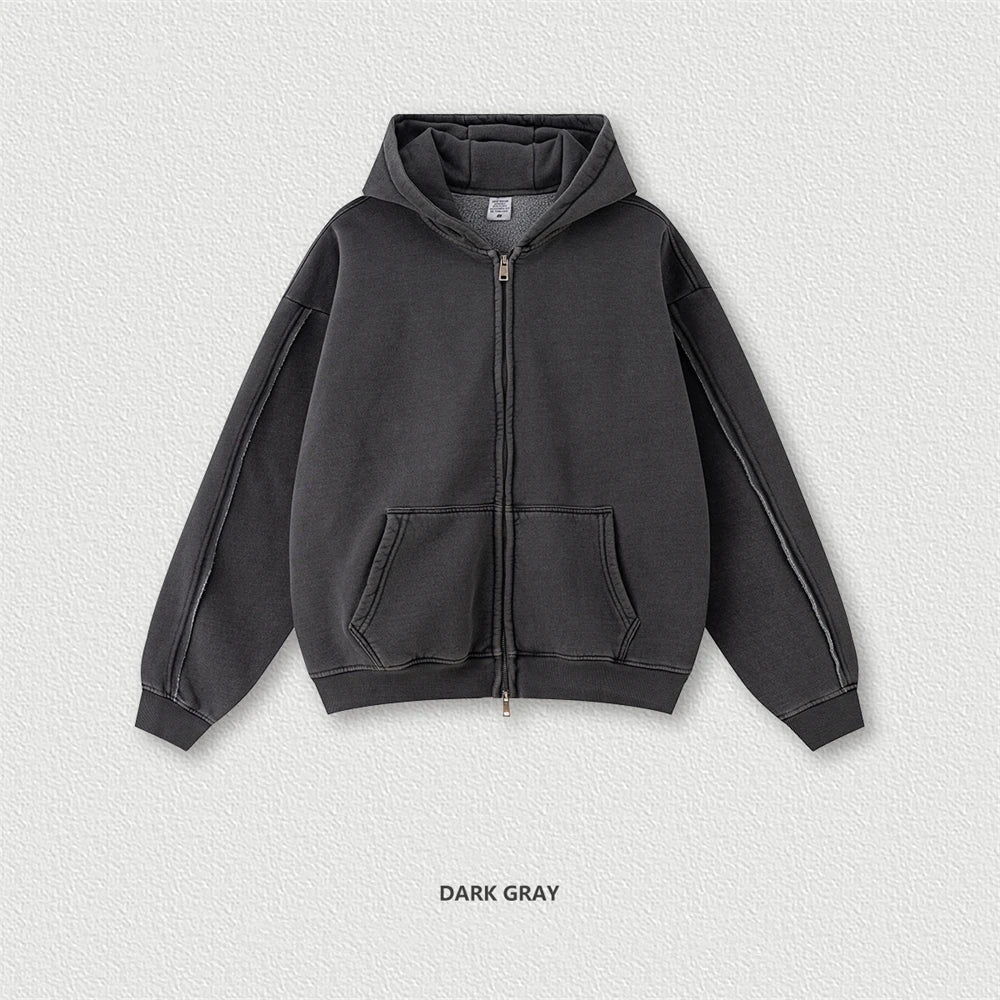 ZODF Retro 2025 Autumn Winter Zipper Fleece Hoodies For Man Unisex 400gsm Solid Washed Batik Warm Hooded Coats HY1084