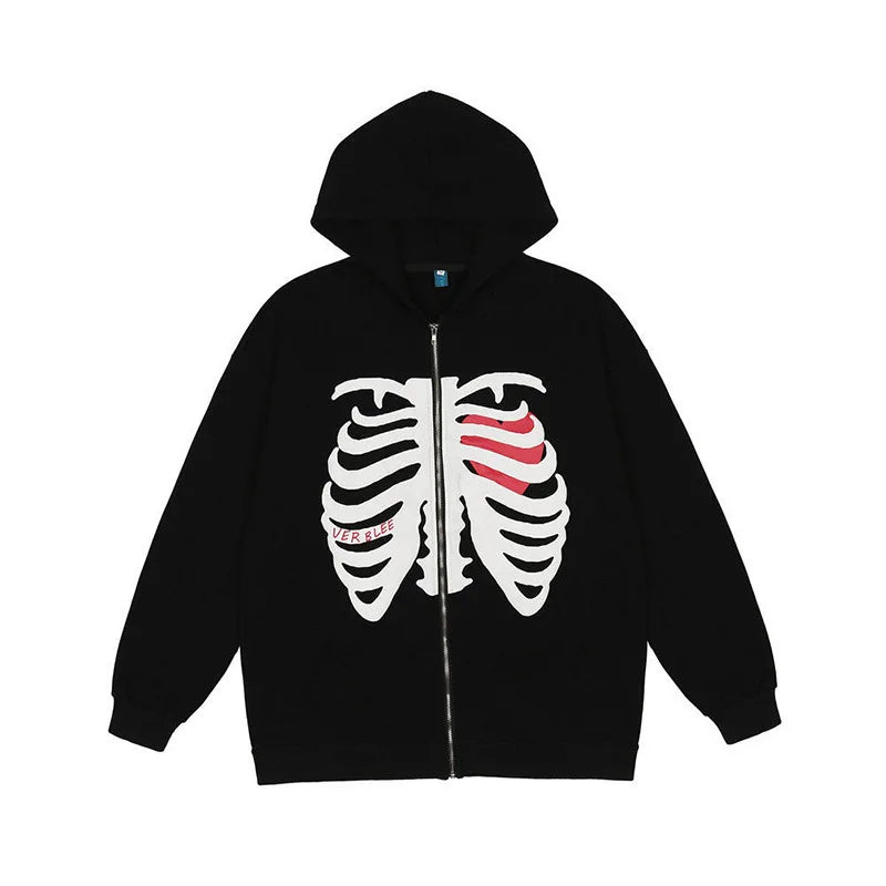 Y2K Skeleton Hoodies Women 2025 Vrouwen Gothic Zwart Zip Up Oversized Sweatshirt Dames Retro Harajuku Capuchon Streetwear Tops