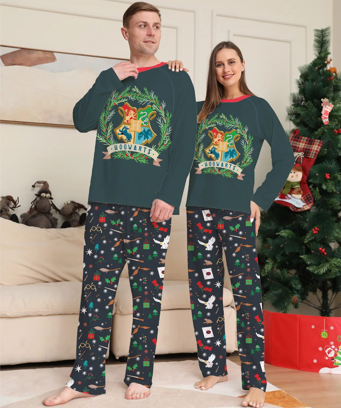 new Christmas family set Halloween cartoon pattern printed round neck home wear family of four pajamas pajama pants 2 sets
