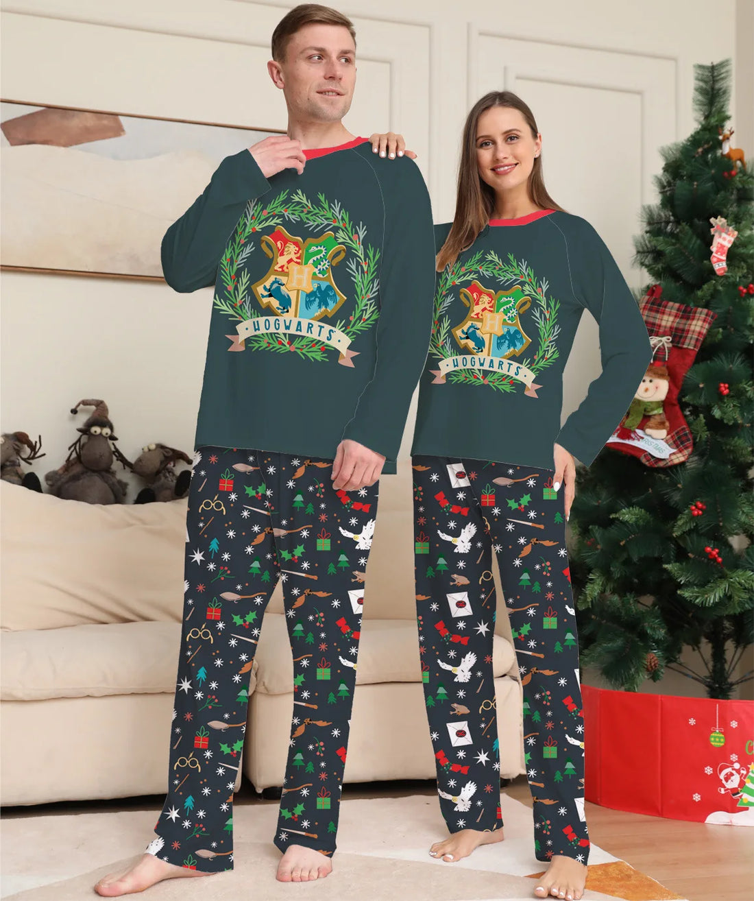 new Christmas family set Halloween cartoon pattern printed round neck home wear family of four pajamas pajama pants 2 sets
