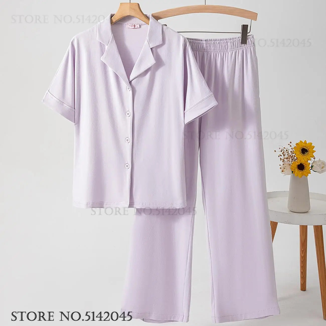 Spring Summer New 2Pcs Pajamas Set Cotton Women's Sleepwear Home Clothing Modal Short Sleeve Trouser Suit Pyjamas Lounge Wear