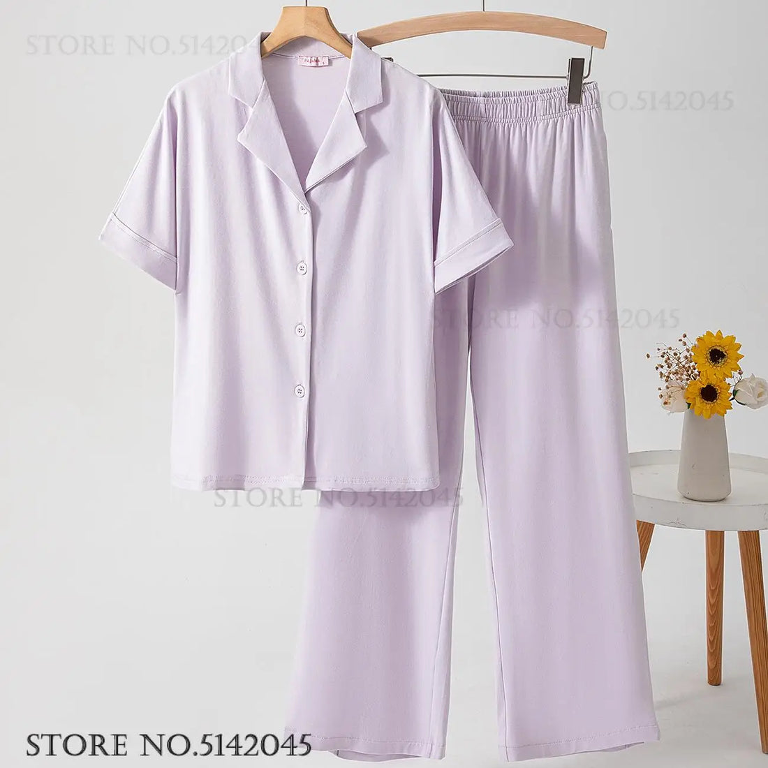 Spring Summer New 2Pcs Pajamas Set Cotton Women's Sleepwear Home Clothing Modal Short Sleeve Trouser Suit Pyjamas Lounge Wear