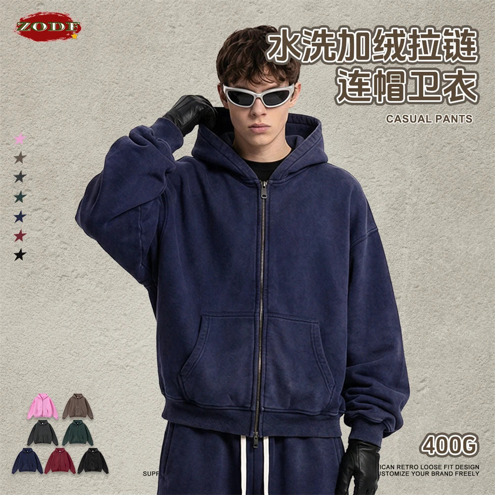 ZODF Retro Washed Man Boxy Fit 400gsm Fleece Zipper Hoodie Unisex Distressed Loose Warm Hooded Coat Jacket Brand Outwears HY1184