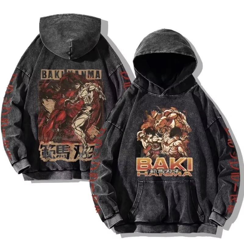 Baki Hanma Anime Print Hooded Men Women Vintage Trendy Hoodies Plus Size Washed Cotton Sweatshirt Harajuku Unisex Streetwear