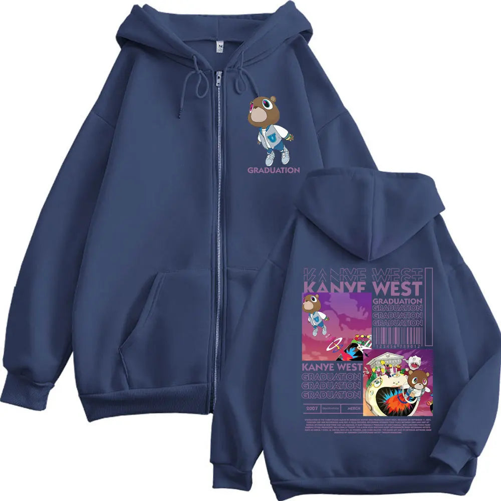 Rapper Kanye West Graduation Graphic Zipper Hoodie Men Women Harajuku Hip Hop Sweatshirts Fashion Y2K Clothing Zip Up Pullovers