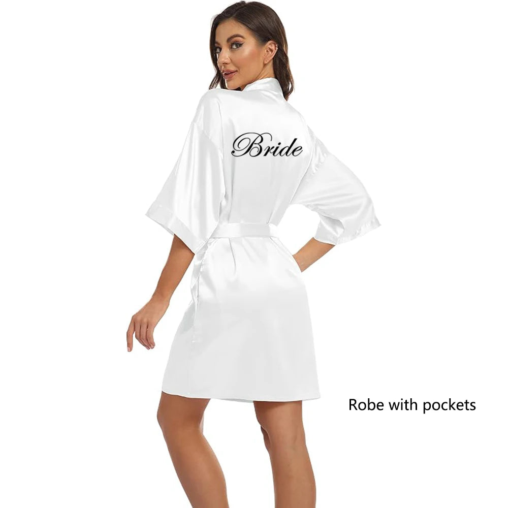 Light Blue Women's Satin Robe Short Kimono for Bride & Bridesmaid With White Letter, Wedding Party Robes