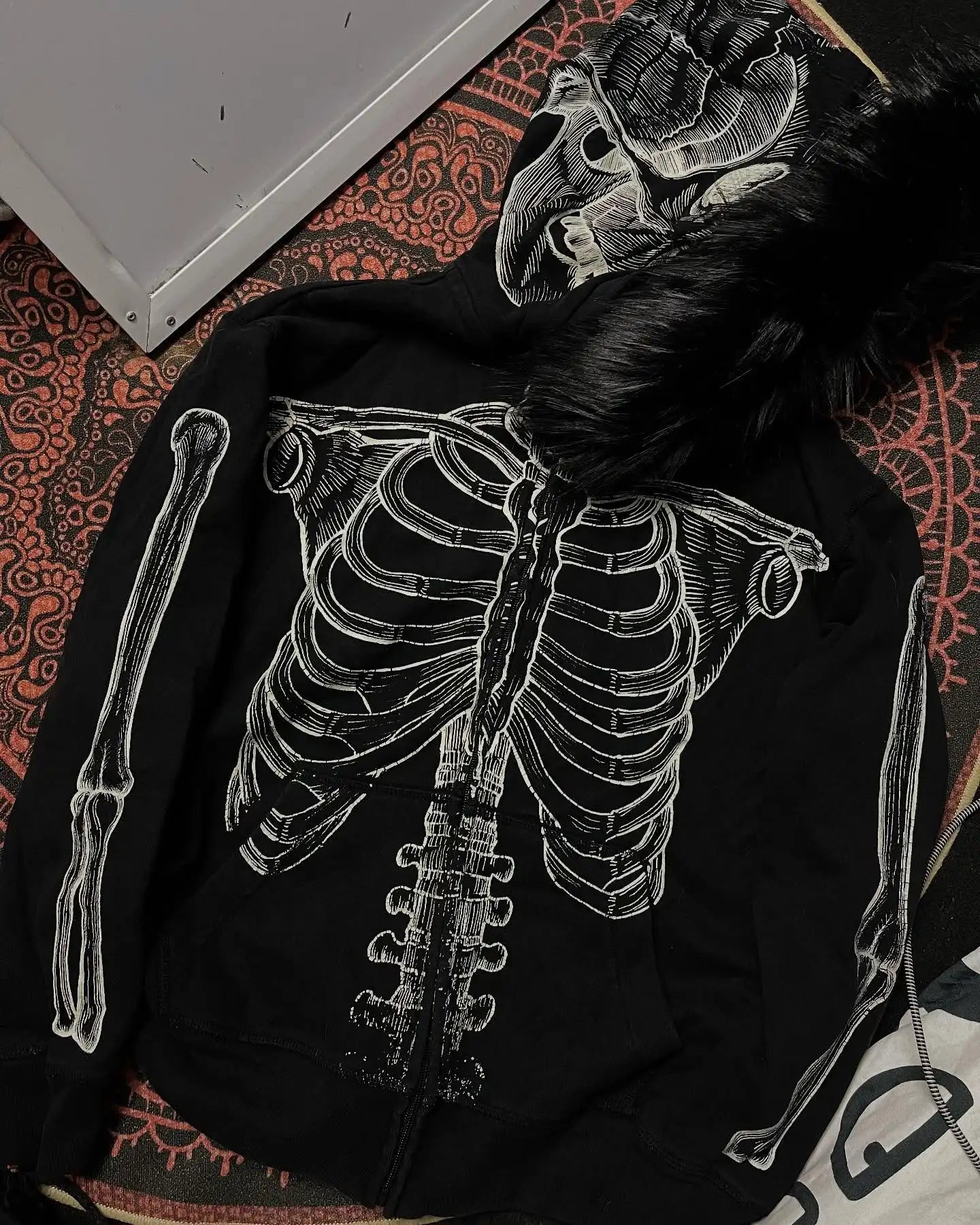 Y2K Fur collar sweatshirt Gothic Retro Pattern Super Dalian Hat Zipper Sweatshirt Trend Men Women Fashion Casual Streetwear
