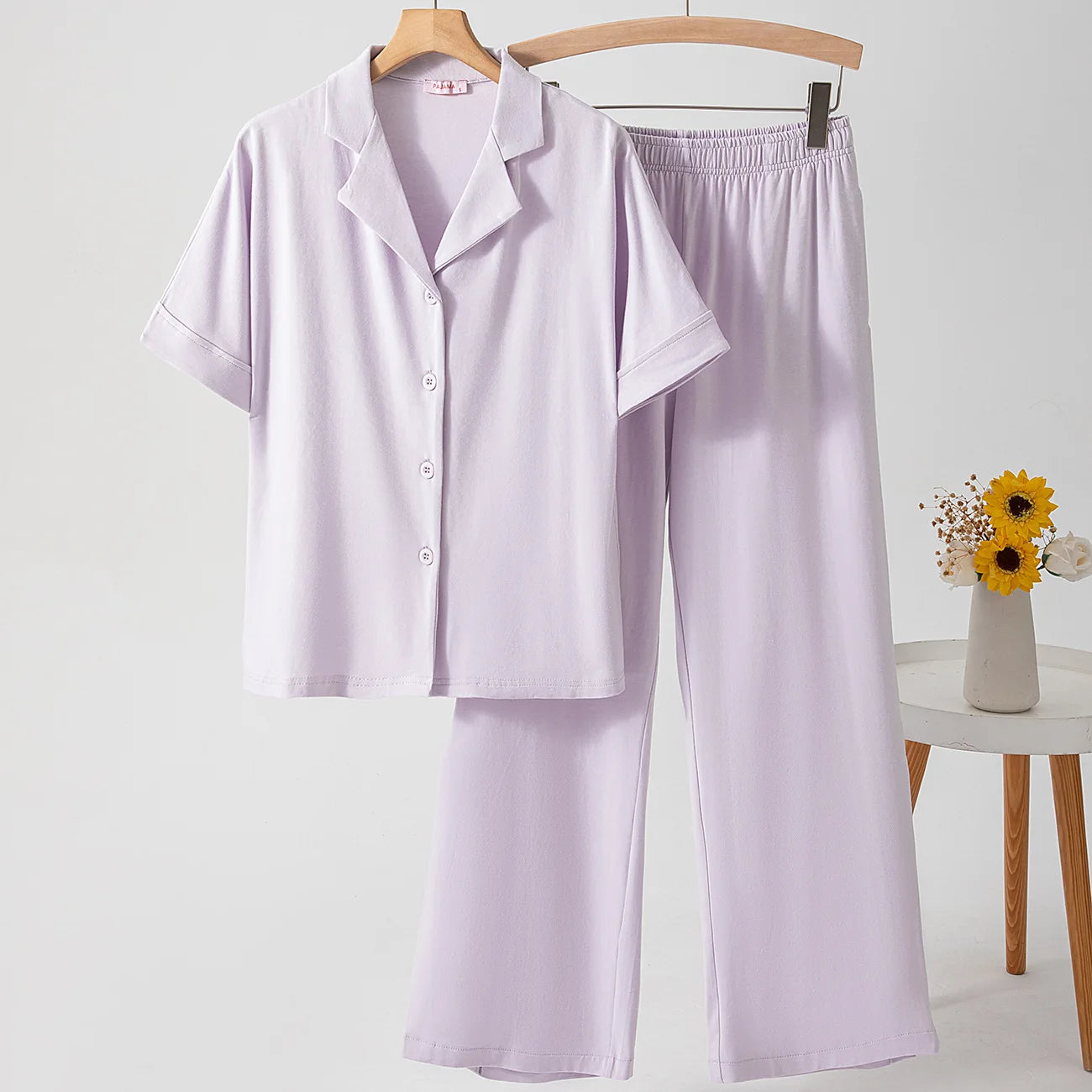 Spring Summer New 2Pcs Pajamas Set Cotton Women's Sleepwear Home Clothing Modal Short Sleeve Trouser Suit Pyjamas Lounge Wear